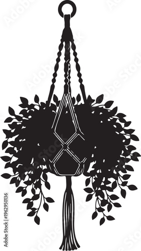 Black silhouette of hanging macrame plant hanger with leafy plant