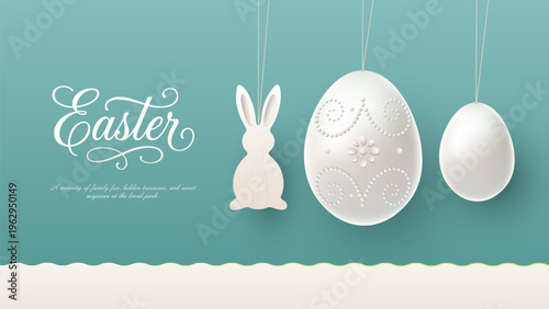 Minimalist Happy Easter Greeting Banner with White Hanging Ornate Eggs and Cute Bunny Cutout