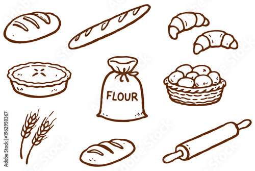 Set of hand-drawn bakery icons featuring fresh bread, croissants, flour, and baking tools for artisanal pastry and cooking concepts, bakery, bread, baking, pastry, vector, food, croissant, illustratio