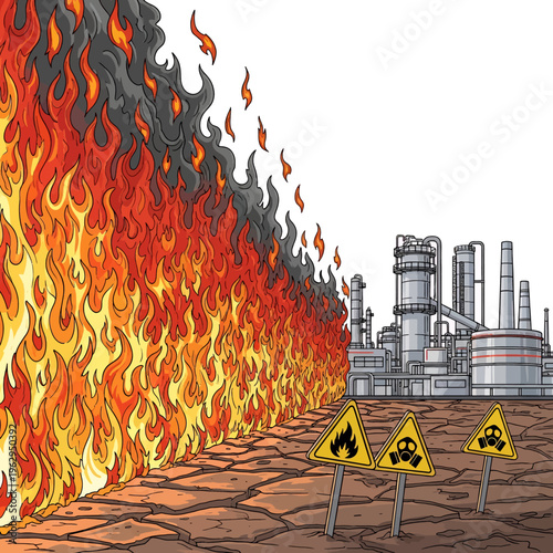 Industrial Fire Disaster Illustration Factory Pollution Warning Sign Environmental Hazard Climate Change Graphic Art Stock Footage
