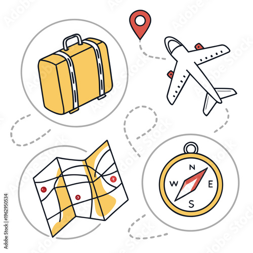 Travel icons with airplane, suitcase, map and compass