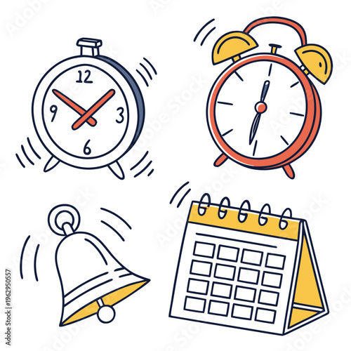 Collection of alarm clock, stopwatch, bell and calendar icons