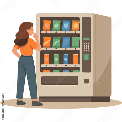 Woman interacting with a vending machine displaying snacks and drinks