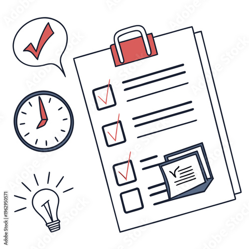 Clipboard with checklist and clock and lightbulb