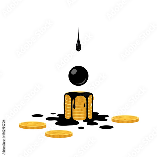 Oil Spill on Gold Coins Stack Illustration Financial Crisis Concept Money Loss Investment Risk Business Failure Vector Graphic Design