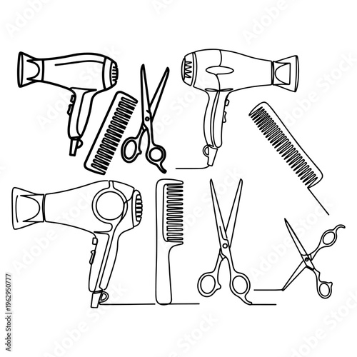Hair salon and barber tools continuous line art, professional silhouette of scissors, comb, and hairdryer for hair stylist