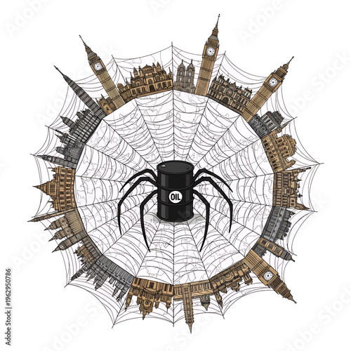 London Skyline Web Oil Barrel Illustration Political Commentary Environmental Crisis UK Landmark Vector Art Graphic Design Conceptual Image