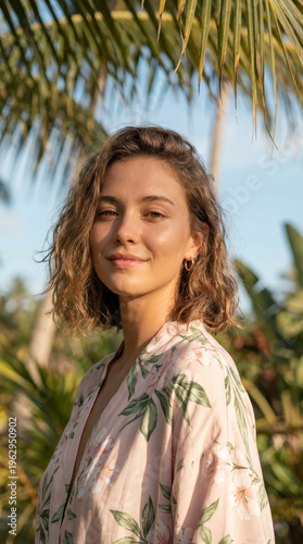 Young adult woman portrait standing outdoor looking calm and relaxed with tropical nature background featuring palm tree leaf during warm sunny summer vacation trip enjoying peaceful environment