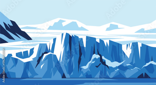 A stylized illustration depicting a glacial landscape, with ice and mountains