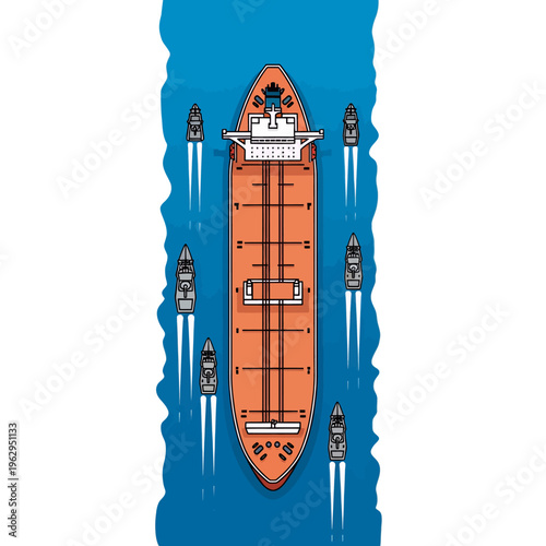 Cargo Ship Escorted by Navy Vessels Top View Illustration Maritime Transport Naval Security Ocean Liner Shipping Route Vector Graphic