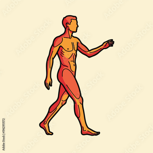 A stylized illustration of a walking human figure, side profile