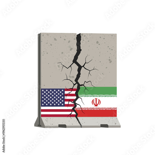 US Iran Flag Wall Crack Illustration Political Conflict Symbolism International Relations Tension Diplomacy Geopolitical Landscape Modern Art Graphic Design