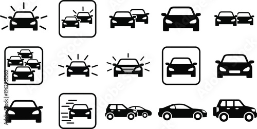 A collection of black and white car icons in various orientations and states