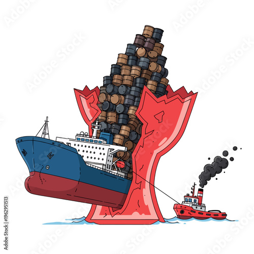 Cargo Ship Disaster Illustration - Tugboat Rescue and Environmental Impact Cartoon Graphic Design Vector Art