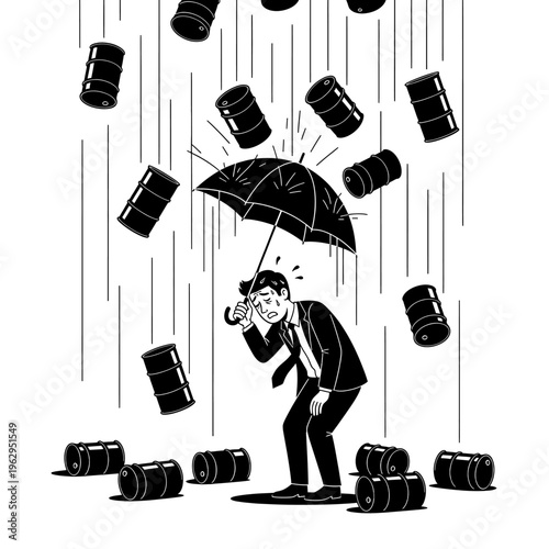 Man Under Barrage of Falling Barrels Illustration Business Stress Pressure Overwhelmed Cartoon Graphic Design Concept Metaphor Visual