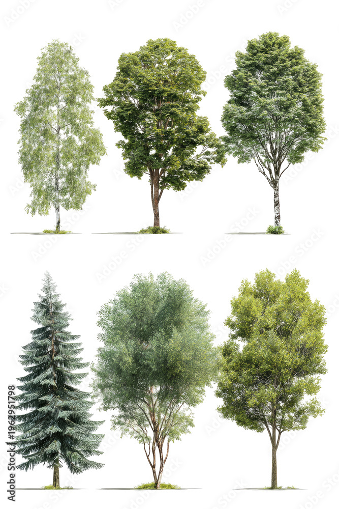 Fototapeta premium Diverse trees stand, isolated against a black background