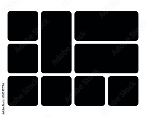 Various sized black boxes with rounded edges are positioned in a visually balanced asymmetrical arrangement.