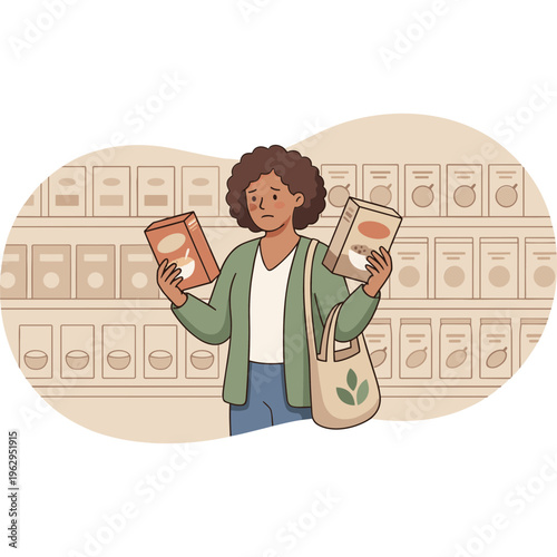 Woman compares food products in a grocery store aisle carefully.