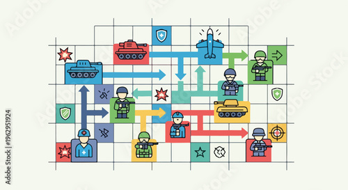 A strategic battlefield game diagram depicting units and battle scenarios