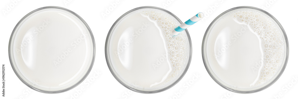 Naklejka premium Milk glass collection isolated PNG on transparent background. From top view