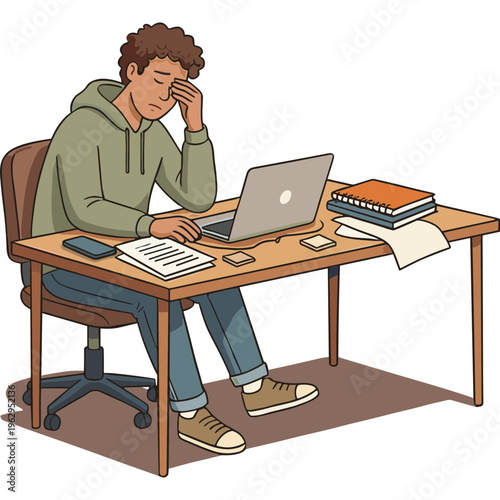 A young man studies at a desk with a laptop and books.