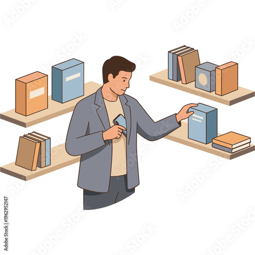Man searching books on shelves in library with boxes