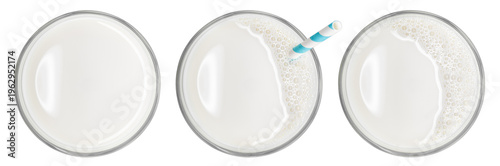 Milk glass collection isolated PNG on transparent background. From top view