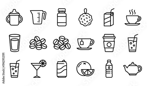 Modern beverage outline icons collection with bottle mug juice coffee tea and soda black and white vector