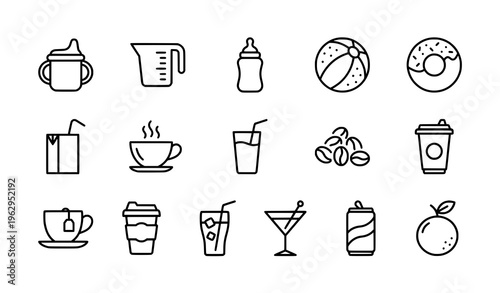 Beverage and kitchen line icons set with mug bottle juice coffee tea and soda minimal black and white vector