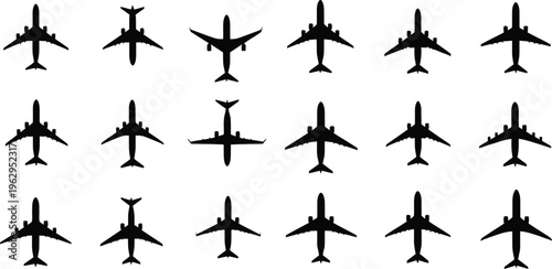Collection of various airplane silhouettes in different orientations