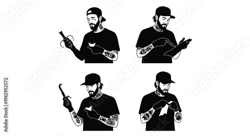 Vector graphic illustration sequence showing a heavily tattooed barber preparing tools for a service