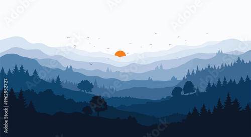 A stylized illustration of layered blue mountains, forest & sun