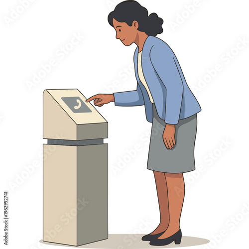 Woman interacts with a machine in a professional setting.