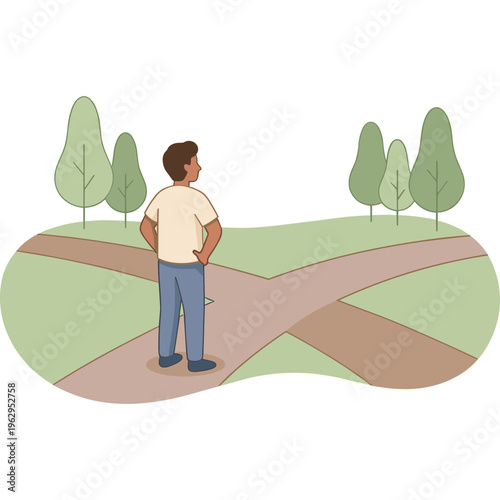 Man standing at crossroads in park with trees ahead