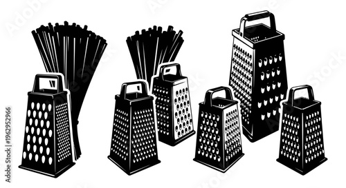 Various black and white cheese graters with handles on a plain white background for kitchen use