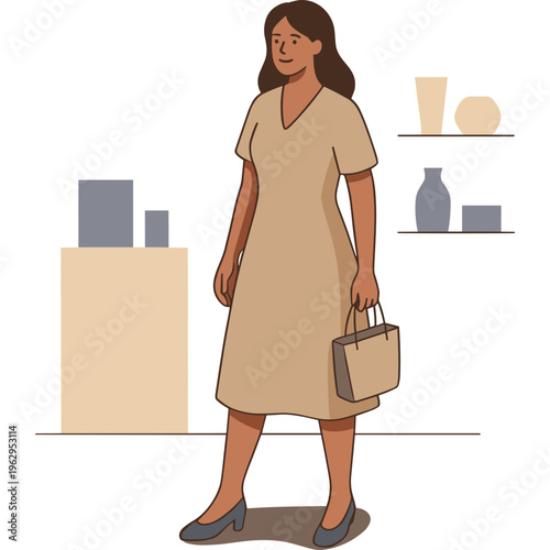 Woman standing with bag in art gallery with sculptures on display