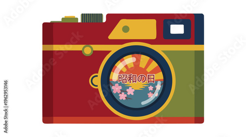 Vintage Film Camera with Showa Day Scene and Cherry Blossoms