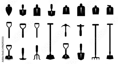 Collection of black gardening tools and equipment icons on white background for design and decoration