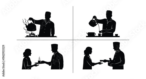 Vector graphic illustration of the complete process for preparing and serving hot beverages to a customer