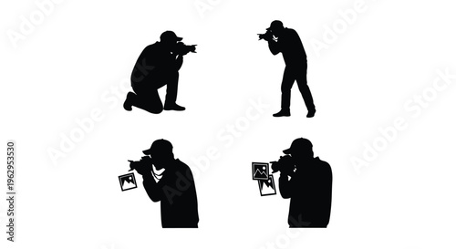 Black silhouette vector graphic set depicting photographers capturing various creative images in different poses