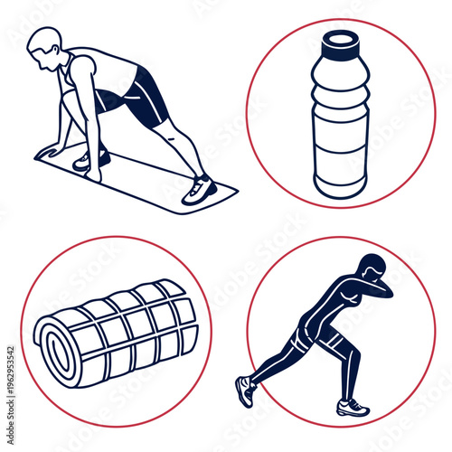 Man in various running and fitness poses with bottle and mat