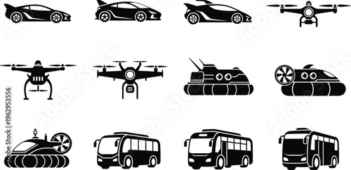 Transportation vehicles and drones icon set