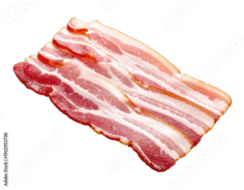Sliced strips of raw pork belly with distinct red meat and white fat layers