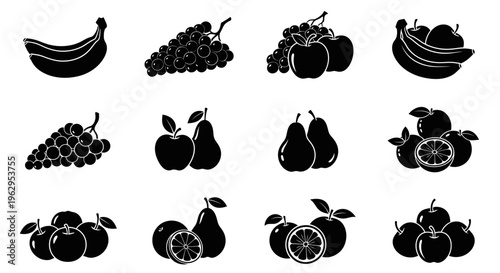 Collection of various fruit icons in black silhouette on white background for design and decoration
