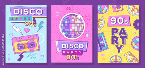 Set of retro colorful disco party posters, covers or banners of 80s-90s. Disco background. Flat design. Vector illustration