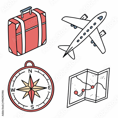 Travel icons including a suitcase, airplane, compass, and map