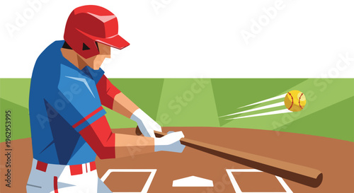 A stylized baseball player hitting a ball with a bat
