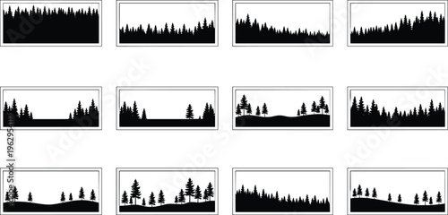 Black forest silhouette collection featuring pine trees, hills and woodland scenes in minimal style for landscape backgrounds, nature illustration and environmental design use