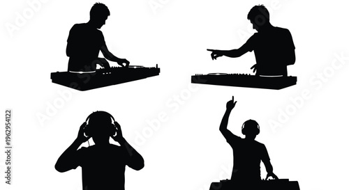 Collection of four black silhouette vector graphics depicting disc jockeys playing music at turntables