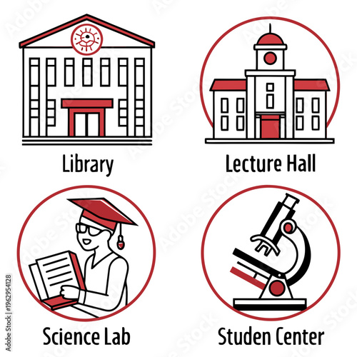 School building icons with library lecture hall student center and science lab